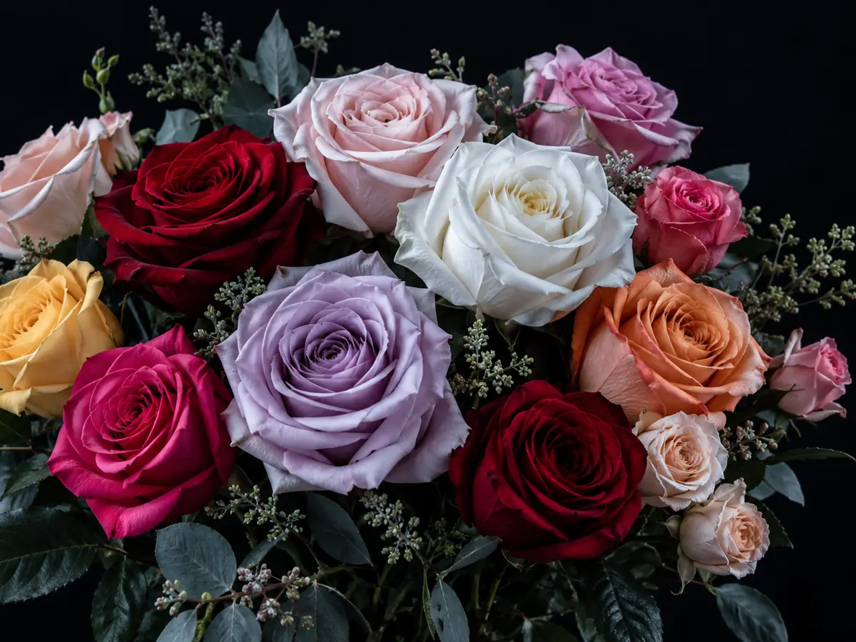Розы разных цветовых семейств, разложенные рядом